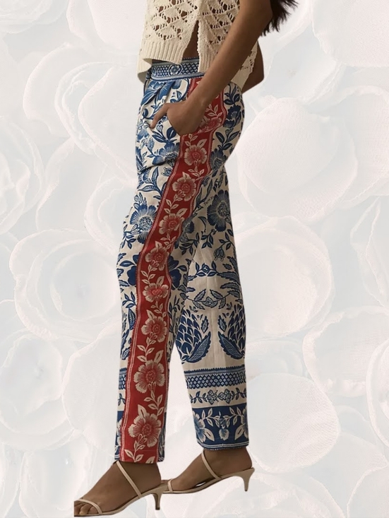 FARM Rio Pants - FARM Rio for Anthropologie Blue Floral Pants Red Side Stripe Size S
